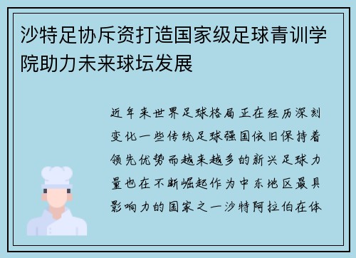 沙特足协斥资打造国家级足球青训学院助力未来球坛发展